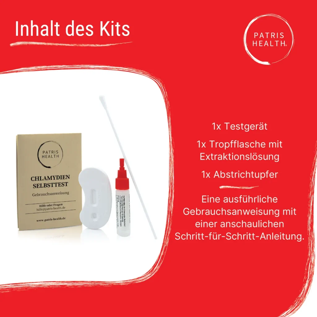 Inhalt des Chlamydien Selbsttests – Testgerät, Abstrichtupfer und Extraktionslösung