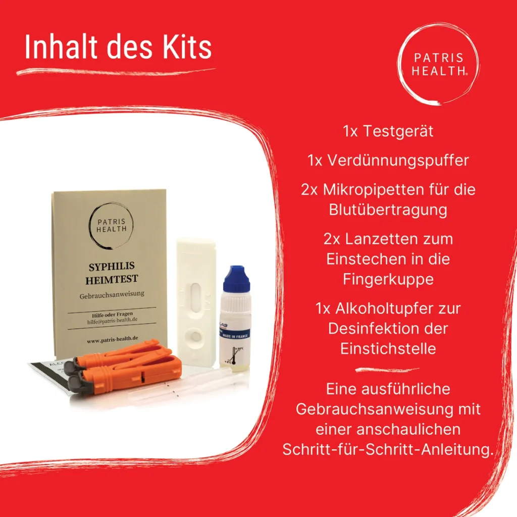 Syphilis Selbsttest – Inhalt des Kits mit Testgerät, Lanzetten, Pipetten und Pufferlösung