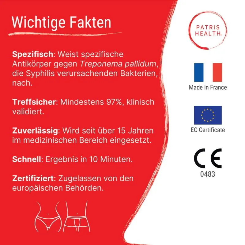 Wichtige Fakten zum Patris Health® Syphilis Selbsttest – Genauigkeit 97 %, Ergebnis in 10 Minuten
