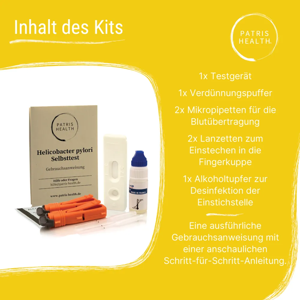 Inhalt des Helicobacter pylori Selbsttest Kits – Testgerät, Verdünnungspuffer, Lanzetten und Pipetten von Patris Health