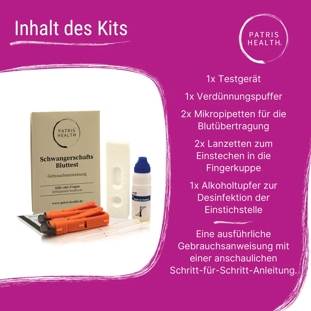 Patris Health® Schwangerschafts-Bluttest – Inhalt des Kits mit Testgerät, Lanzetten und Puffer