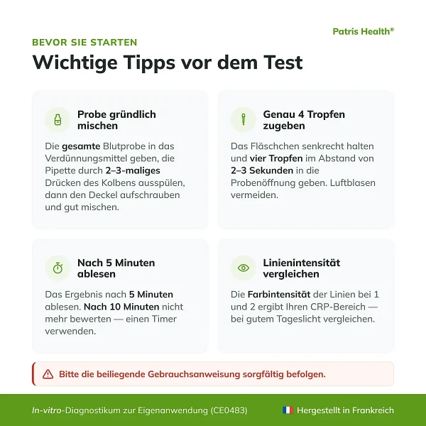 Wichtige Hinweise vor der Anwendung des Patris Health CRP-Selbsttest