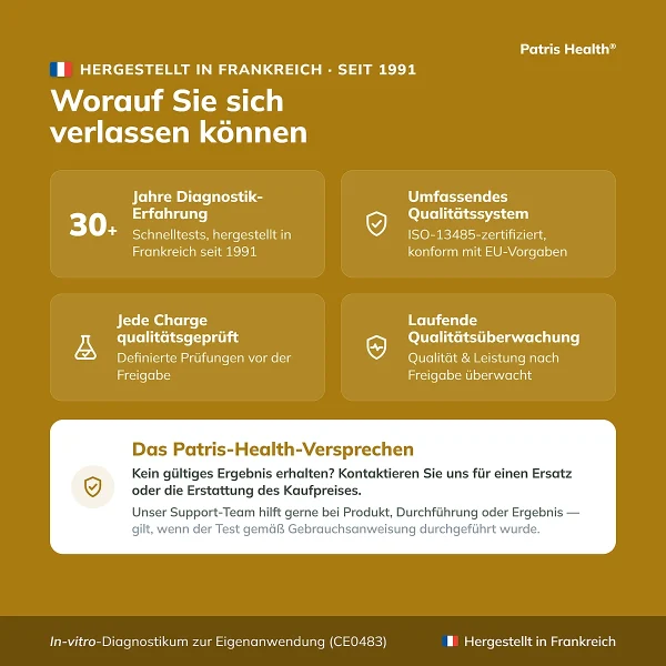 Qualitätsmerkmale des Patris Health Helicobacter-pylori-Selbsttests Made in France