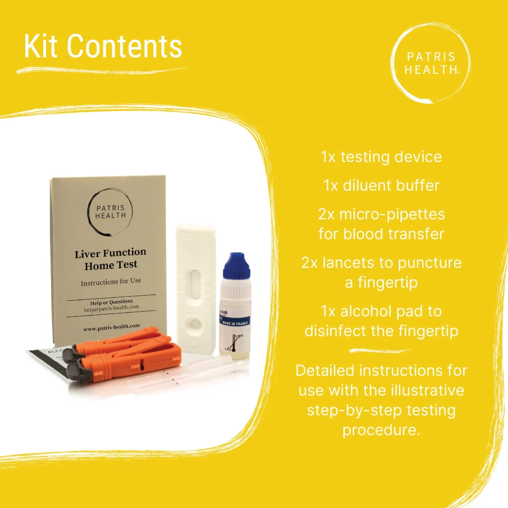 Patris Health® Leberfunktions-Selbsttest – Inhalt des Kits mit Testgerät, Puffer und Lanzetten