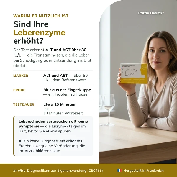 Produktubersicht zum Patris Health Leberfunktions-Selbsttest mit den wichtigsten Informationen