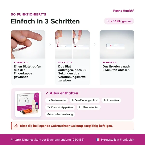 Anwendung des Patris Health Schwangerschafts-Bluttests in drei Schritten