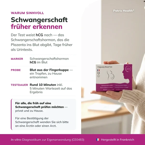 Produktübersicht zum Patris Health Schwangerschafts-Bluttest für den frühen hCG-Nachweis im Blut