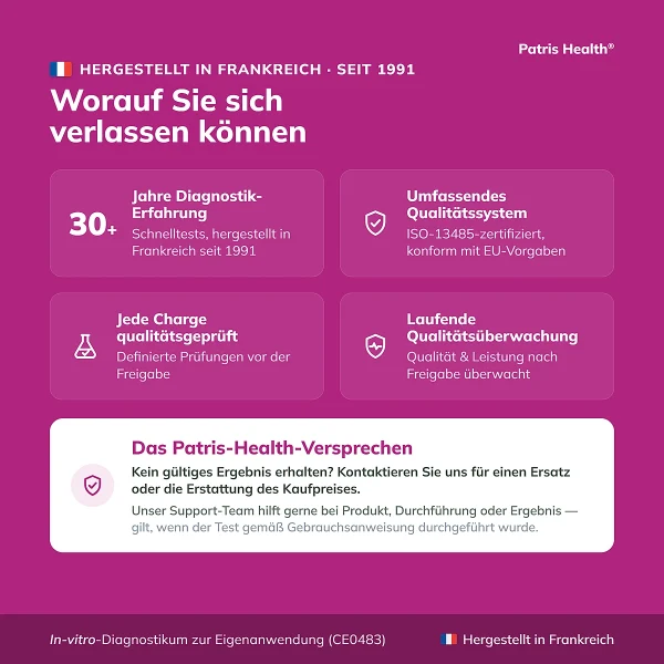 Qualitätsmerkmale des Patris Health Schwangerschafts-Bluttests Made in France