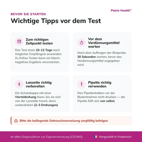 Wichtige Hinweise vor der Anwendung des Patris Health Schwangerschafts-Bluttests