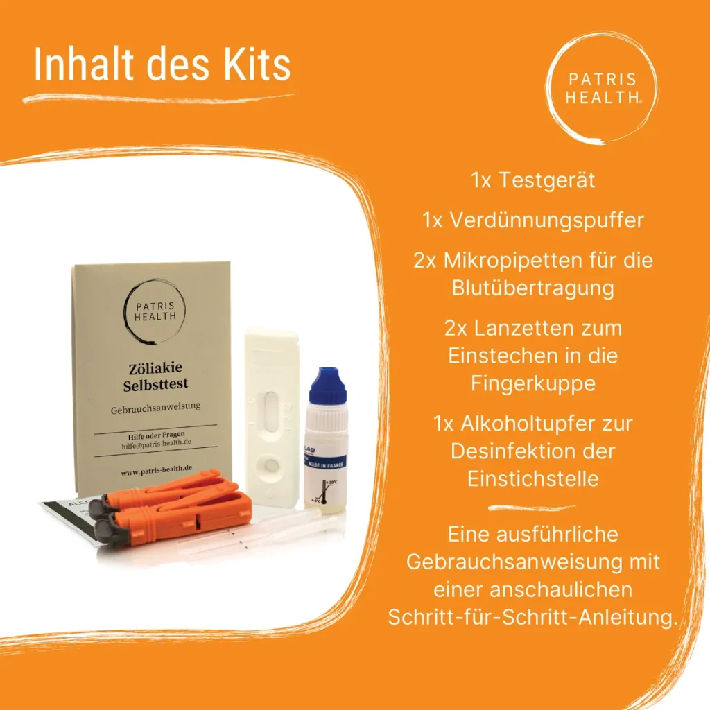 Inhalt des Patris Health Zöliakie Selbsttests – Komplettes Testkit für Zuhause