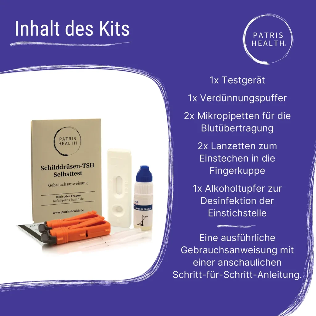 Inhalt des Schilddrüsen-TSH Selbsttest-Kits – Testgerät, Lanzetten, Puffer, Pipetten