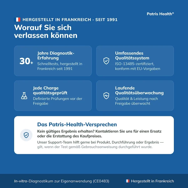 Qualitätsmerkmale des Patris Health Streptokokken-A-Selbsttests