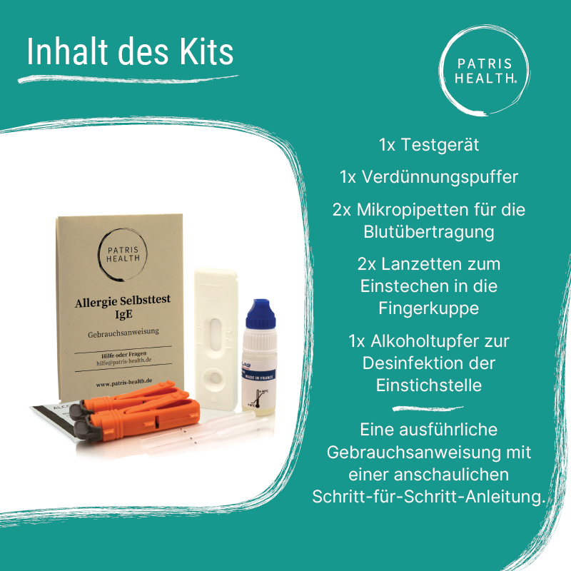 Inhalt des Patris Health® Allergie Selbsttest Kits – Testgerät, Pipetten, Lanzetten, Pufferlösung