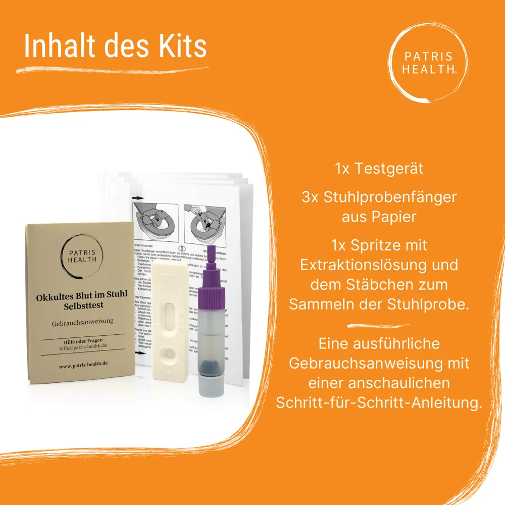 Inhalt des Patris Health FIT Home Test Kits mit Testgerät, Spritze und Anleitung