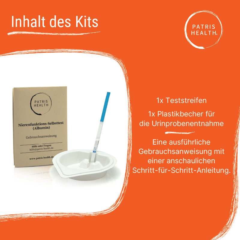 Patris Health® Nierenfunktions-Selbsttest (Albumin) Inhalth des Kits.