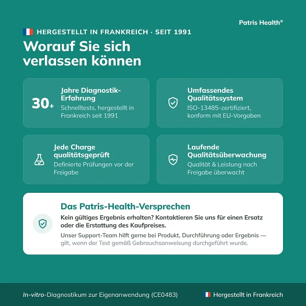 Qualitätsmerkmale des Patris Health Allergie-Selbsttests Made in France