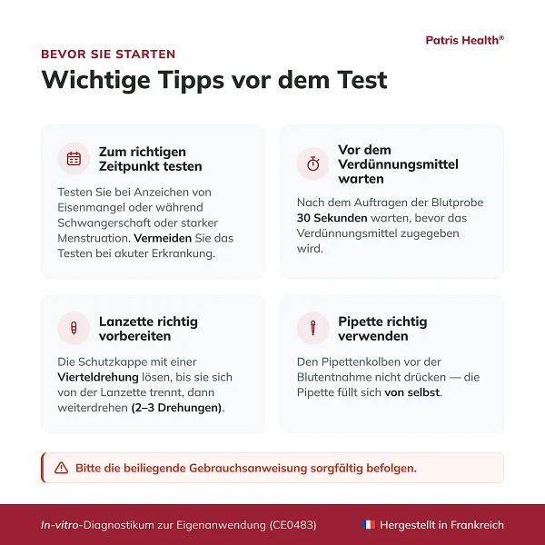 Wichtige Hinweise vor der Anwendung des Patris Health Eisenmangel-Selbsttests