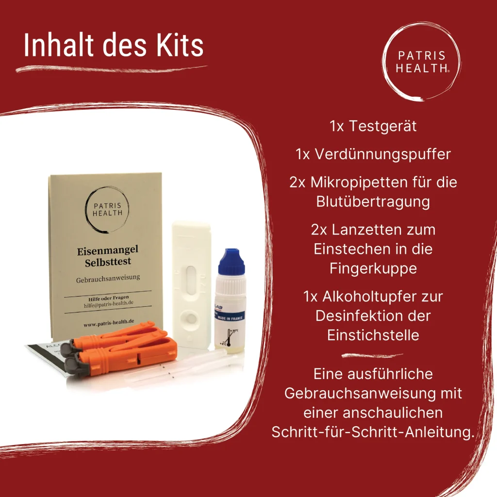 Patris Health® Eisenmangel Selbsttest – Inhalt des Kits mit Testgerät, Lanzetten und Puffer