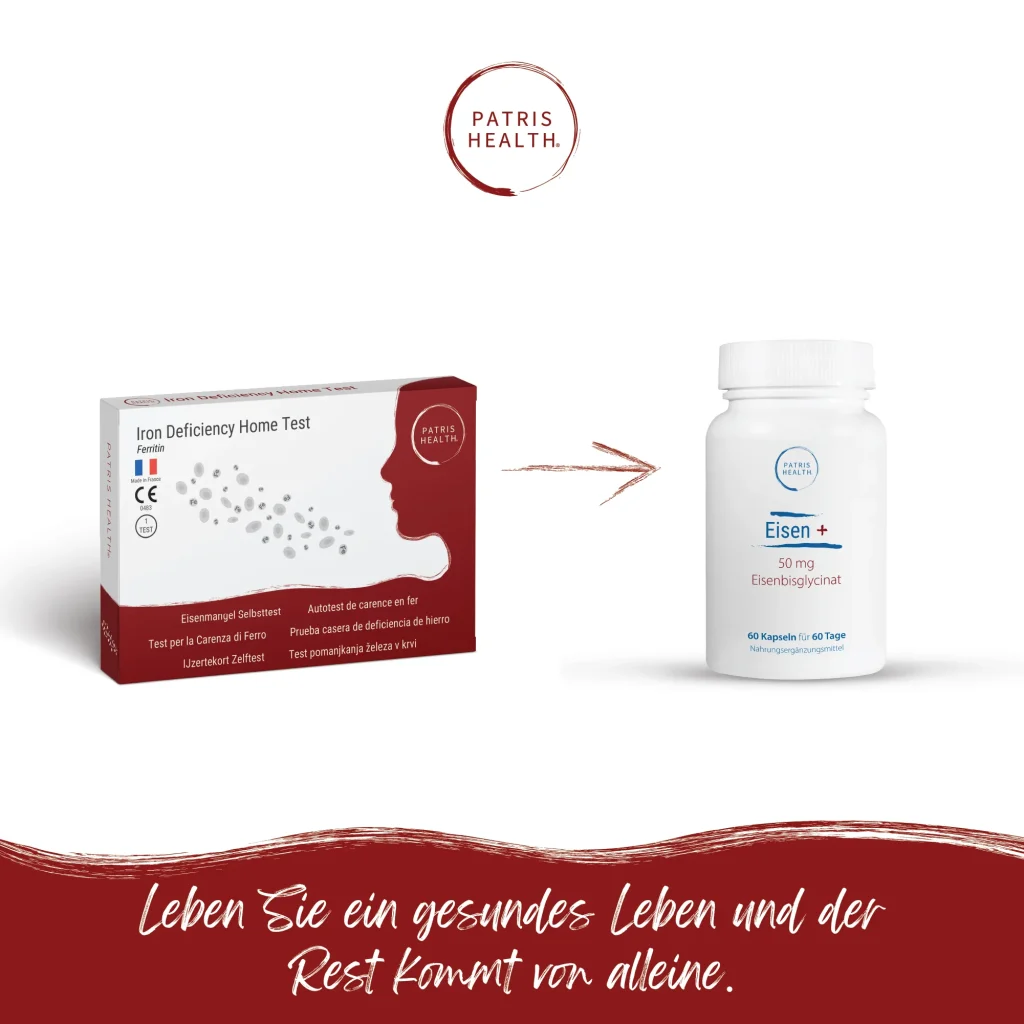 Patris Health® Eisenmangel Selbsttest mit Verpackung und ergänzendem Eisenpräparat