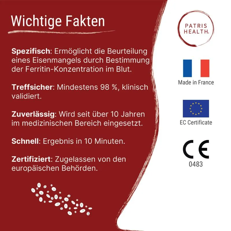 Spezifischer Ferritin-Selbsttest, mindestens 98 % treffsicher, in Frankreich hergestellt und CE-zertifiziert.