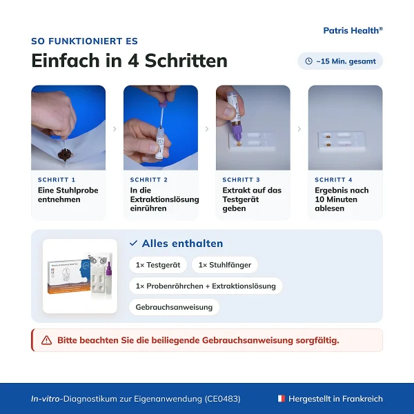 Anleitung zur Anwendung des Patris Health Rotavirus- und Adenovirus-Selbsttest in 4 Schritten