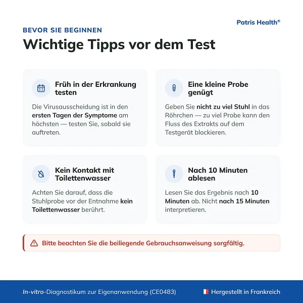 Wichtige Hinweise vor der Anwendung des Patris Health Rotavirus- und Adenovirus-Selbsttest