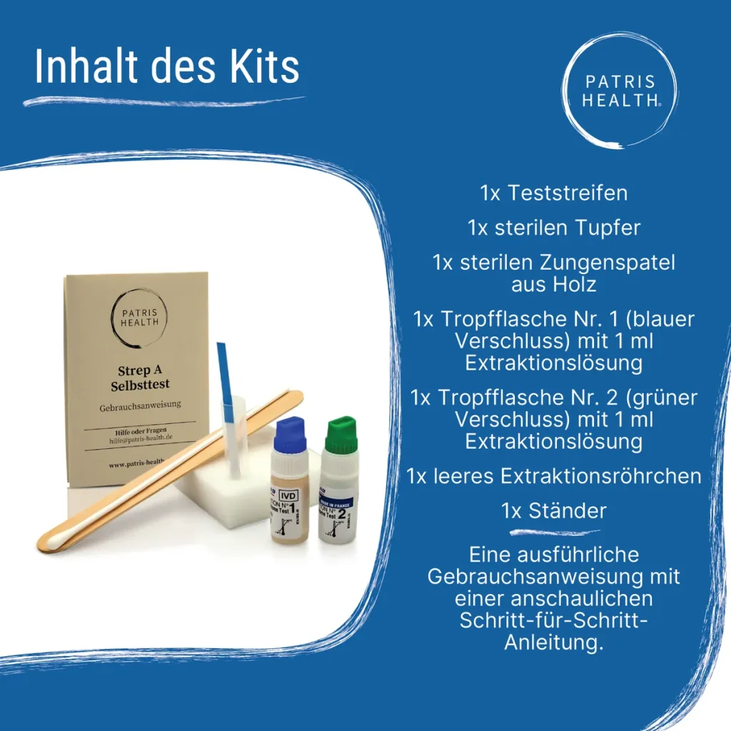 Strep A Selbsttest – Inhalt des Kits mit Teststreifen, Tupfer, Zungenspatel und Lösungen