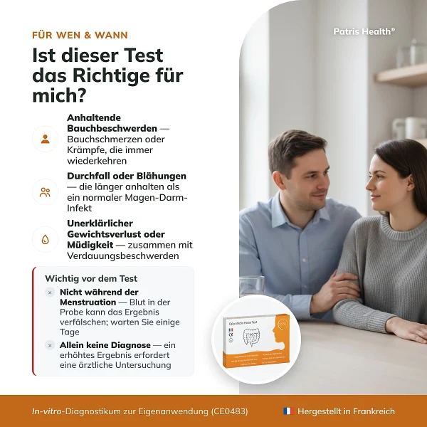 Infografik, fur wen der Patris Health Calprotectin-Selbsttest geeignet ist
