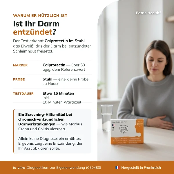 Produktubersicht zum Patris Health Calprotectin-Selbsttest mit den wichtigsten Informationen