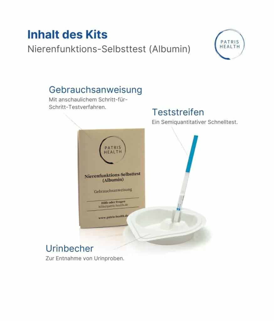 Patris Health® Nierenfunktions-Selbsttest (Albumin) Inhalth des Kits.