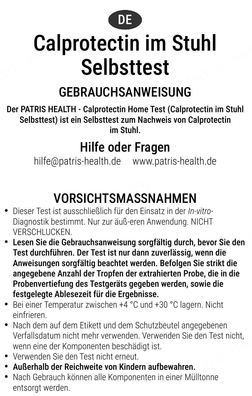 Patris Health Calprotectin-Selbsttest Gebrauchsanweisung – Vorsichtsmaßnahmen