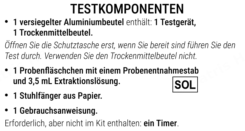 Patris Health Calprotectin-Selbsttest Gebrauchsanweisung – Testkomponenten