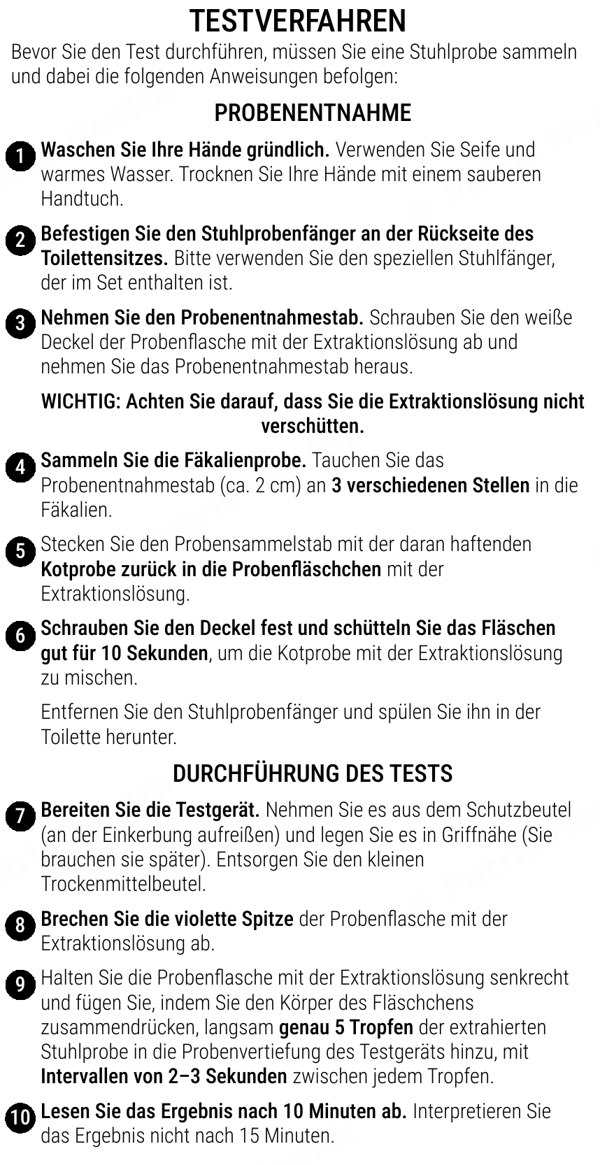 Patris Health Calprotectin-Selbsttest Gebrauchsanweisung – das Testverfahren
