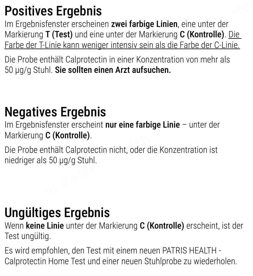 Patris Health Calprotectin-Selbsttest Gebrauchsanweisung – Interpretation der Ergebnisse