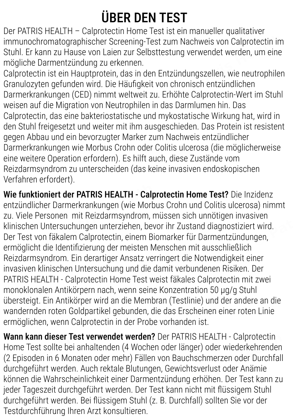 Patris Health Calprotectin-Selbsttest Gebrauchsanweisung – über den Test, Fragen und Antworten (Teil 1)