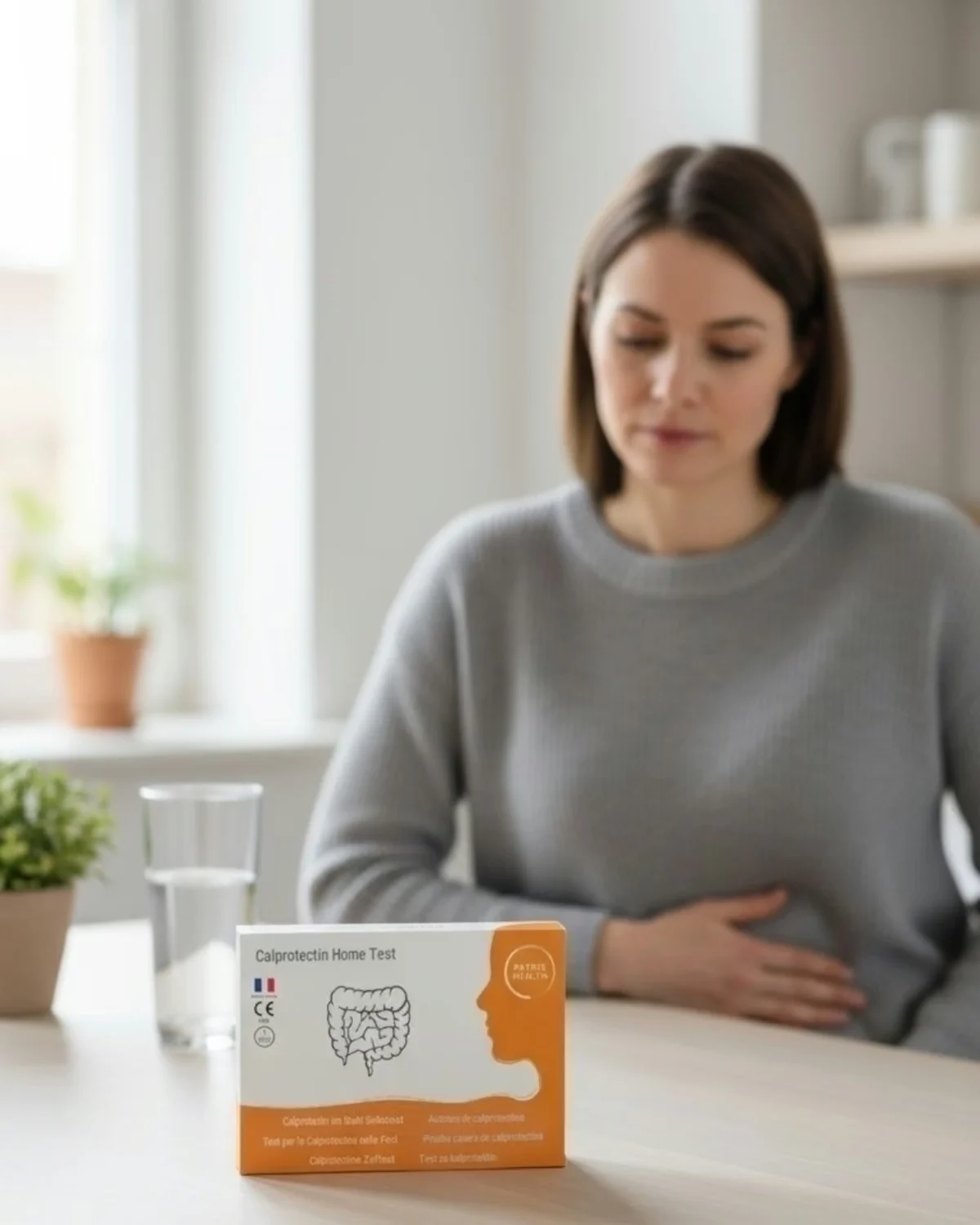 Patris Health Calprotectin-Selbsttest – Frau am Tisch mit einem Glas Wasser, die Hand auf dem Bauch, die Testbox vor ihr