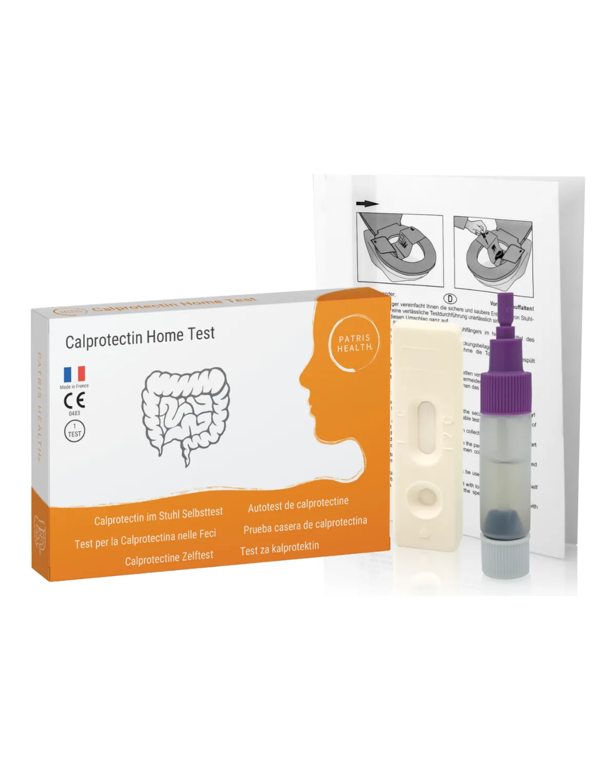 Patris Health Calprotectin-Selbsttest – die Box und der Inhalt des Kits