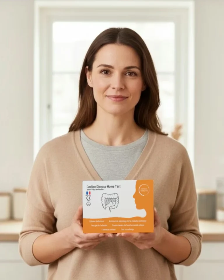 Frau in ihrer Küche mit einem Patris-Health-Selbsttest in der Hand