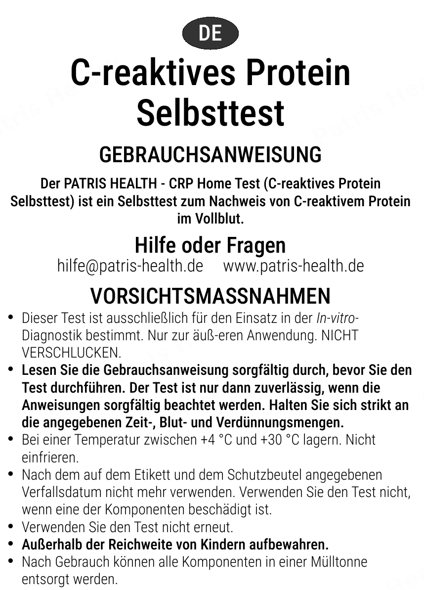 Patris Health CRP-Selbsttest Gebrauchsanweisung – Vorsichtsmaßnahmen