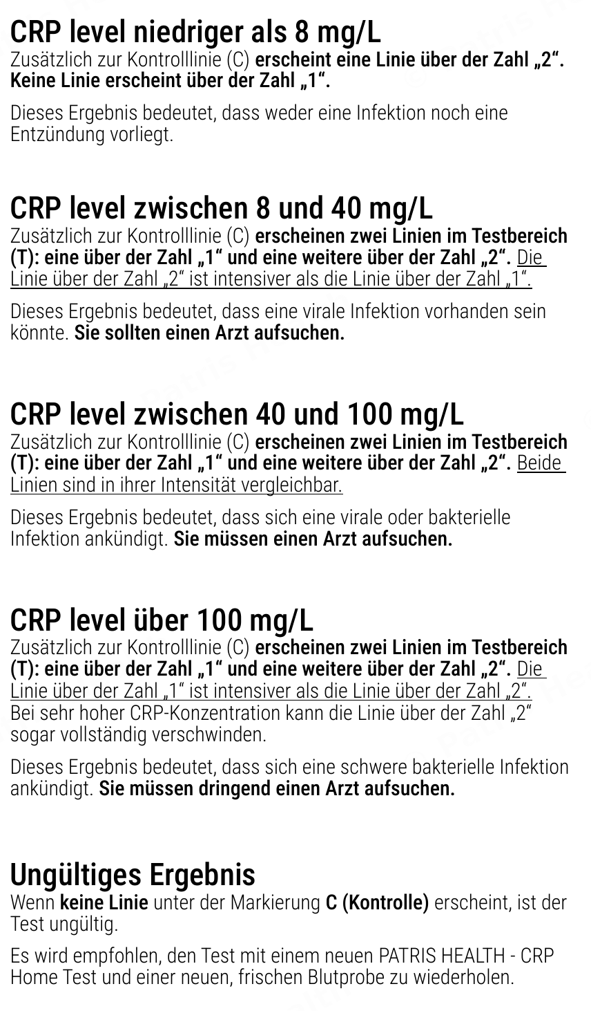 Patris Health CRP-Selbsttest Gebrauchsanweisung – Interpretation der Ergebnisse