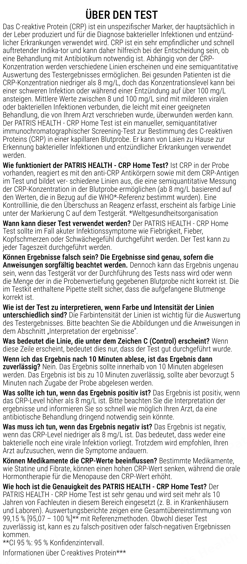 Patris Health CRP-Selbsttest Gebrauchsanweisung – über den Test, Fragen und Antworten