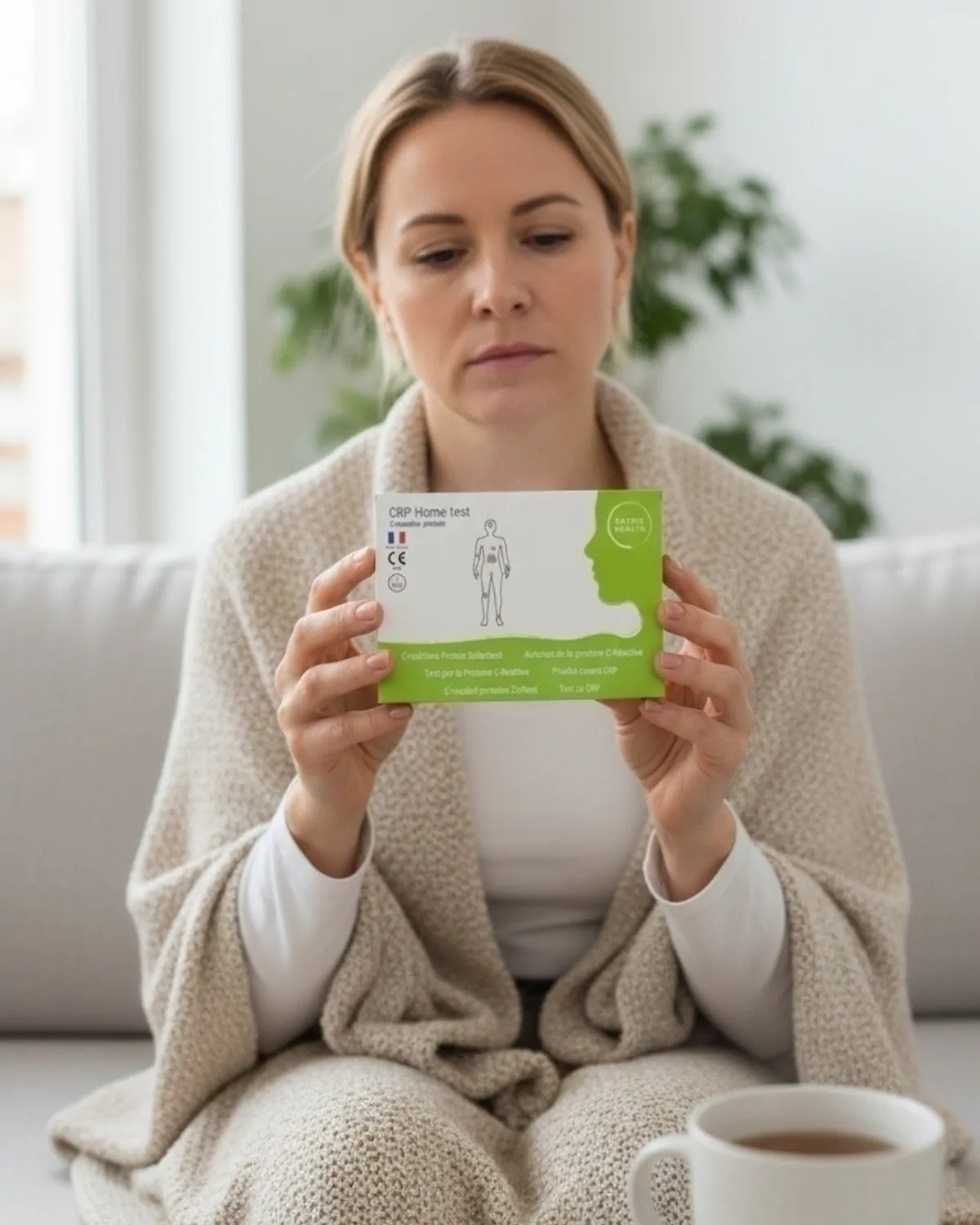 Patris Health CRP-Selbsttest – Frau zu Hause unter einer Decke mit der Testbox in der Hand