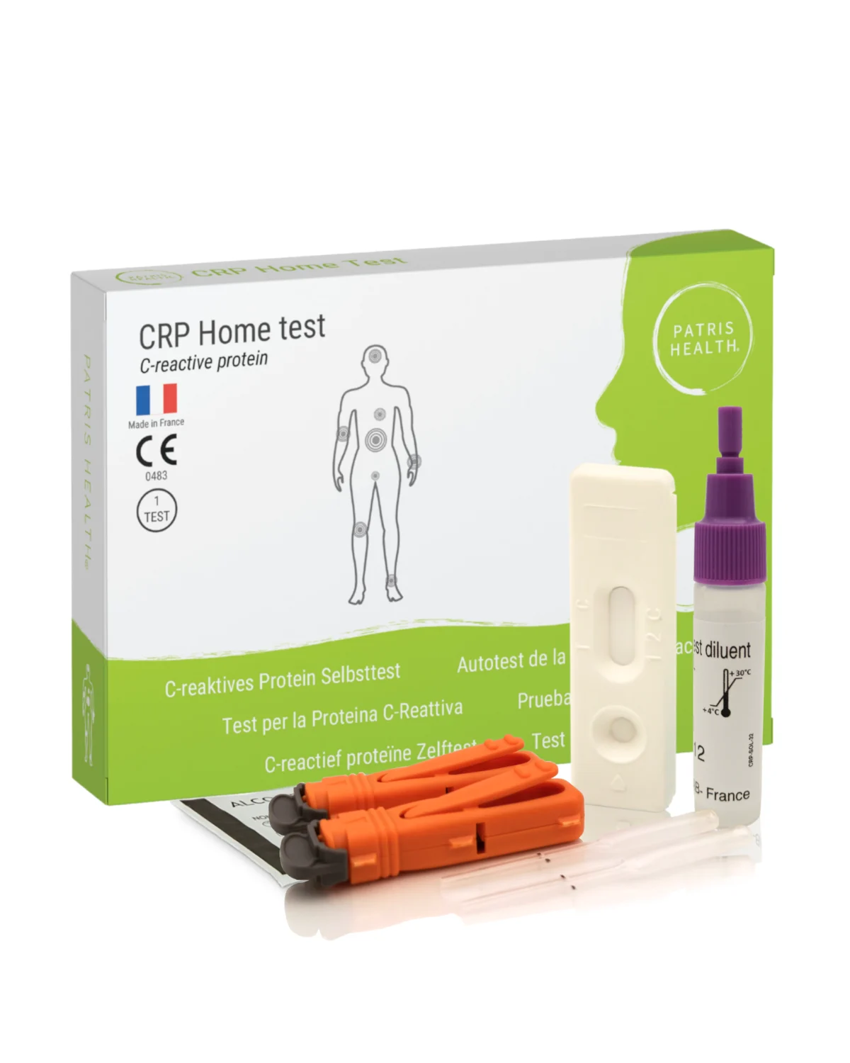 Patris Health Selbsttest-Kit: Karton, Testkassette, Pipette, Lanzette und Gebrauchsanweisung