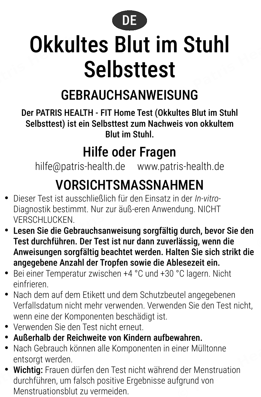 Patris Health Selbsttest auf okkultes Blut im Stuhl (FIT) Gebrauchsanweisung – Vorsichtsmaßnahmen