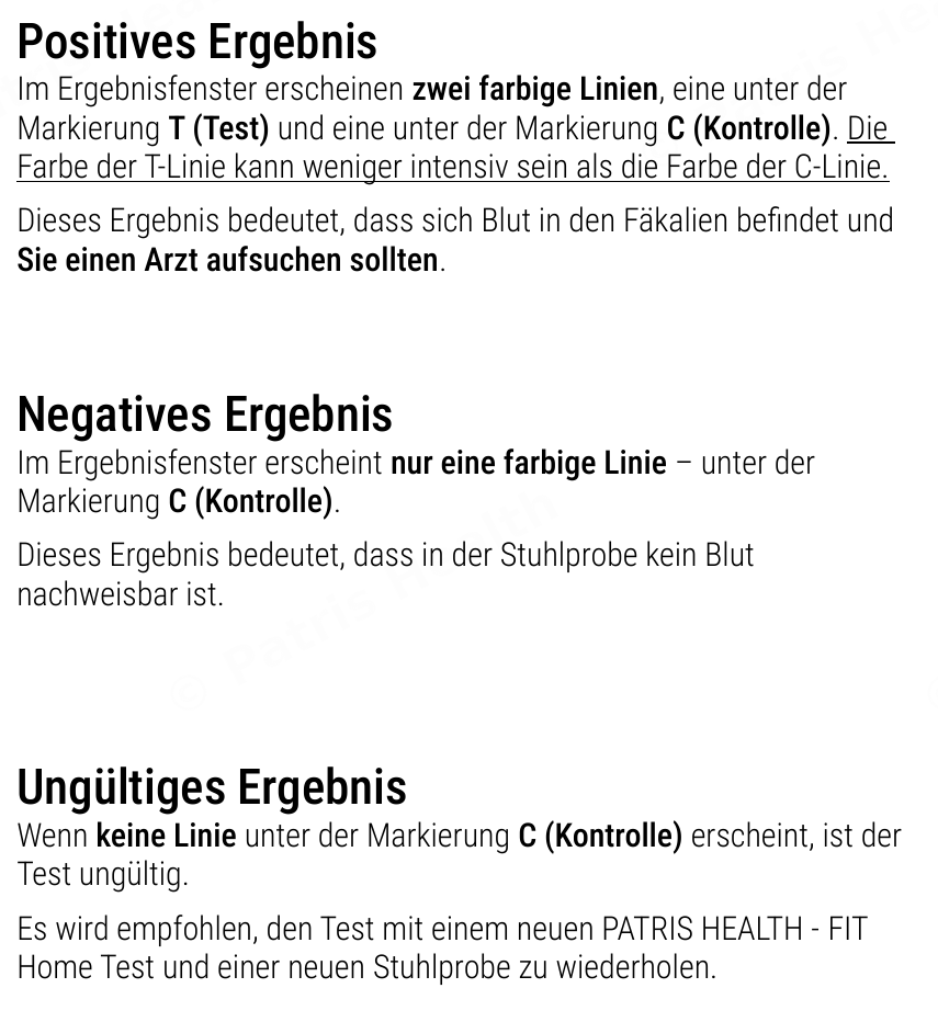 Patris Health Selbsttest auf okkultes Blut im Stuhl (FIT) Gebrauchsanweisung – Interpretation der Ergebnisse