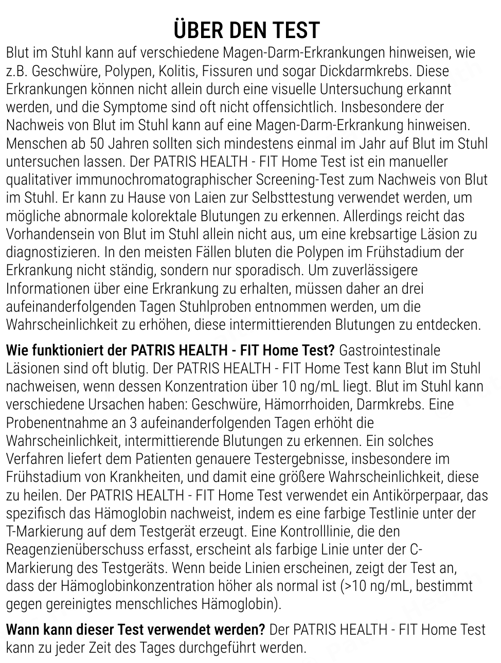 Patris Health Selbsttest auf okkultes Blut im Stuhl (FIT) Gebrauchsanweisung – über den Test, Fragen und Antworten (Teil 1)