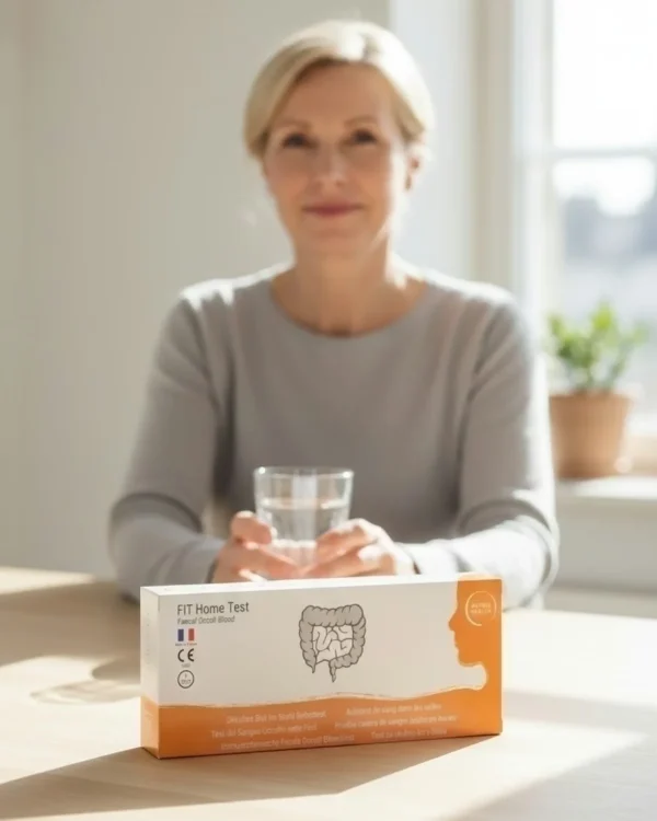 Frau am Tisch mit einem Glas Wasser, vor ihr die Box des Patris Health Selbsttests auf okkultes Blut im Stuhl (FIT)