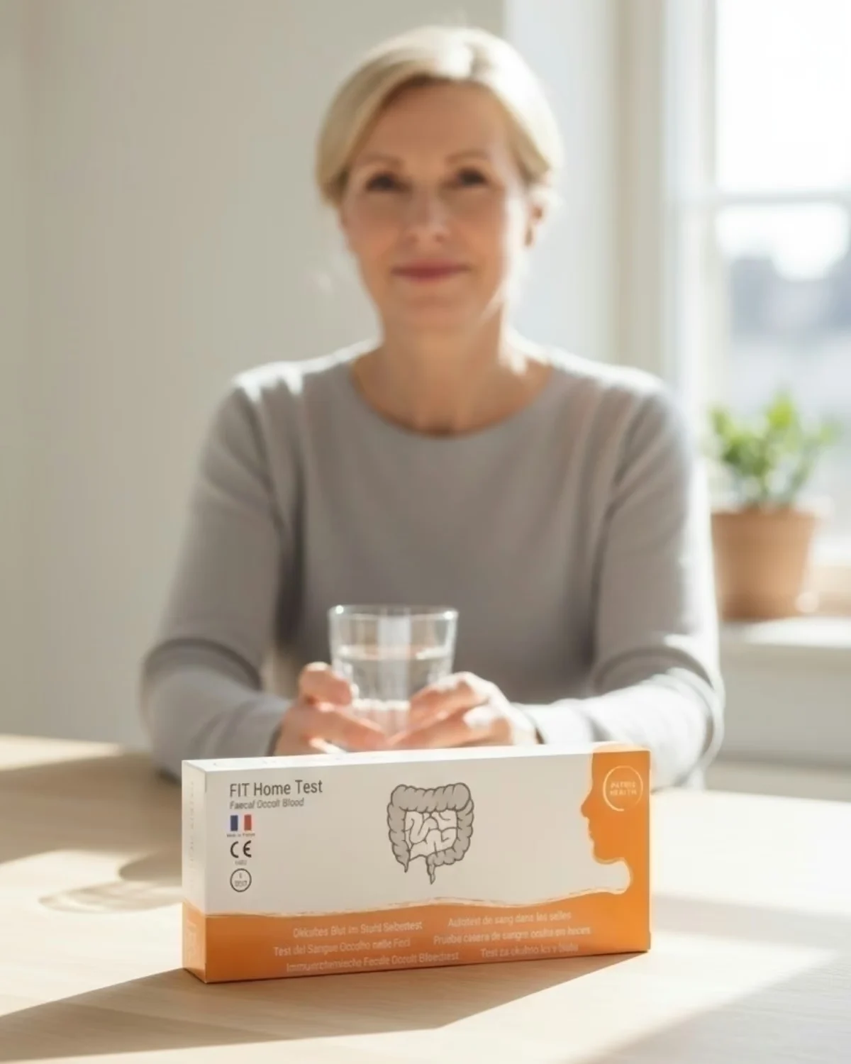 Patris Health Selbsttest auf okkultes Blut im Stuhl (FIT) – Frau am Tisch mit einem Glas Wasser, vor ihr die Testbox
