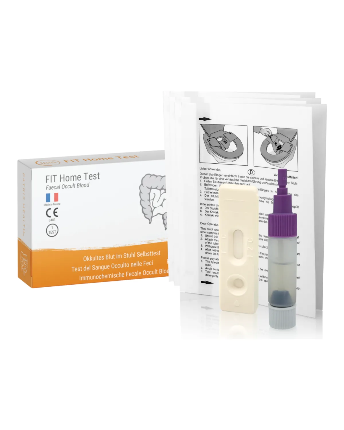 Patris Health Selbsttest auf okkultes Blut im Stuhl (FIT) – die Box und der Inhalt des Kits