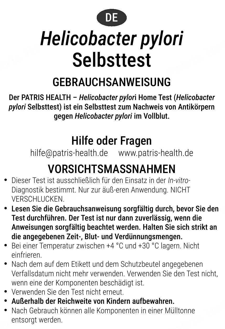 Patris Health Helicobacter-pylori-Selbsttest Gebrauchsanweisung – Vorsichtsmaßnahmen